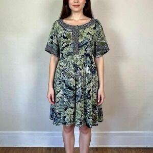 vintage 90s rayon gauze babydoll dress safari botanical plant floral boho hippie